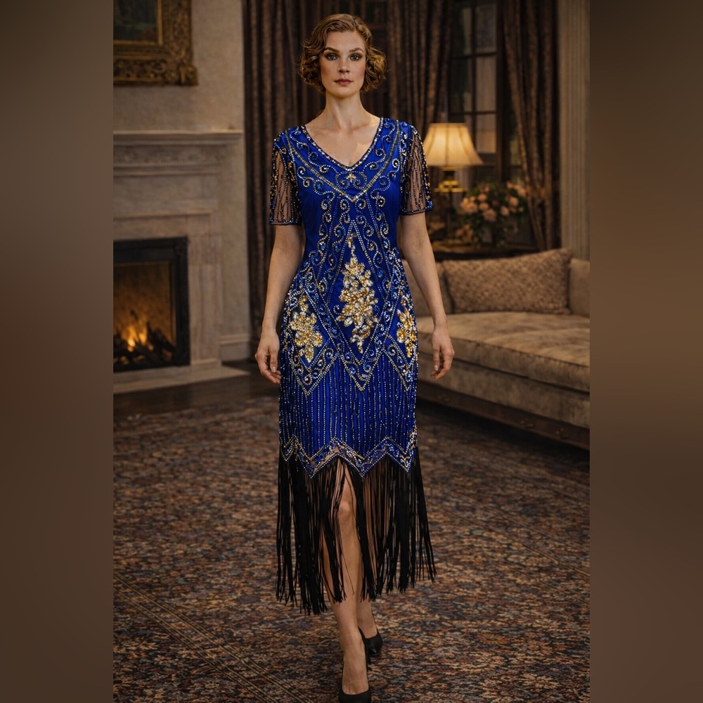 Royal Blue and Gold Beaded Fringe Midi Dress